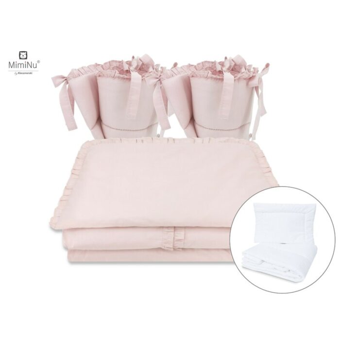 Set lenjerie patut cu 6 piese MimiNu cu volanase pilota si perna cu doua aparatori laterale bumbac 120x60 cm Colectia Roya Powder Pink