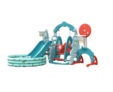 Spatiu de joaca 4 in 1 cu leagantobogan si piscina cu 200 bile joaca incluse Nichiduta Garden Tower Arcada Blue