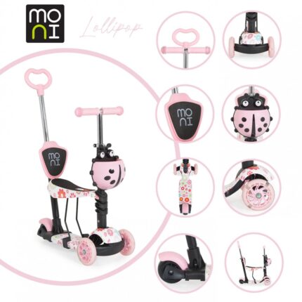 Trotineta evolutiva Moni cu maner parental si sezut Scooter 3 in 1 Lollipop Pink