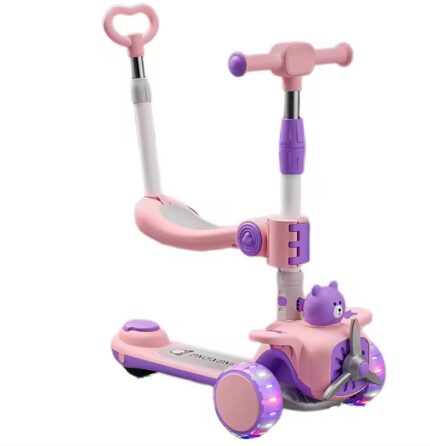 Trotineta reglabila 3in1 cu scaunel si maner parental Nichiduta Bear PinkPurple