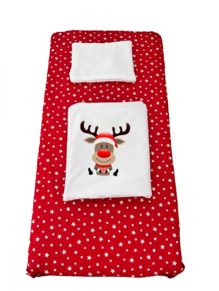 Set lenjerie Deseda pentru pat copii 3 piese pentru Sarbatori renul Rudolf 120x60 cm